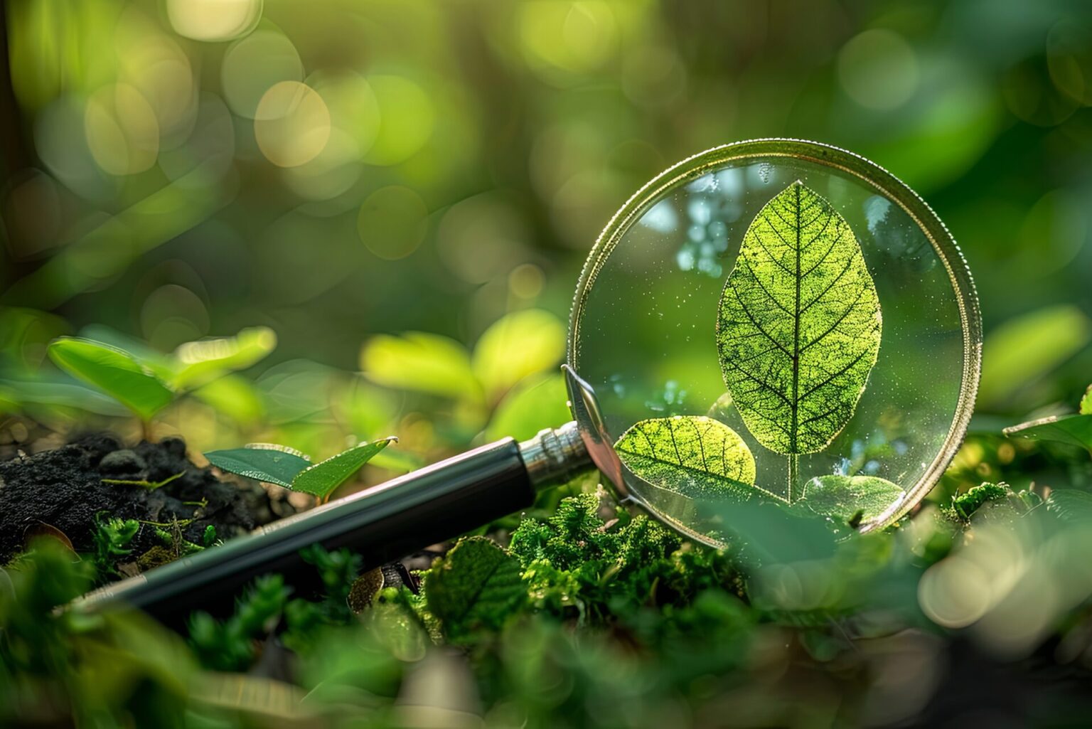 Greenery with a leaf being magnified through a magnifying glass