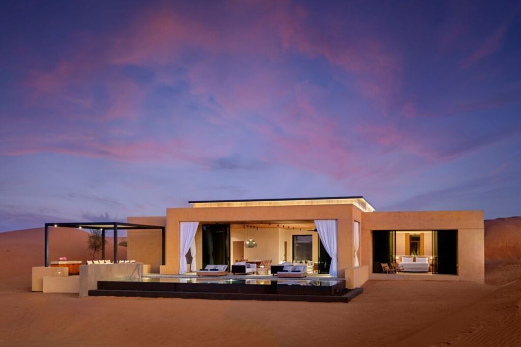 Exterior of 2 bedroom villa at night at The Ritz-Carlton Ras Al Khaimah, Al Wadi Desert