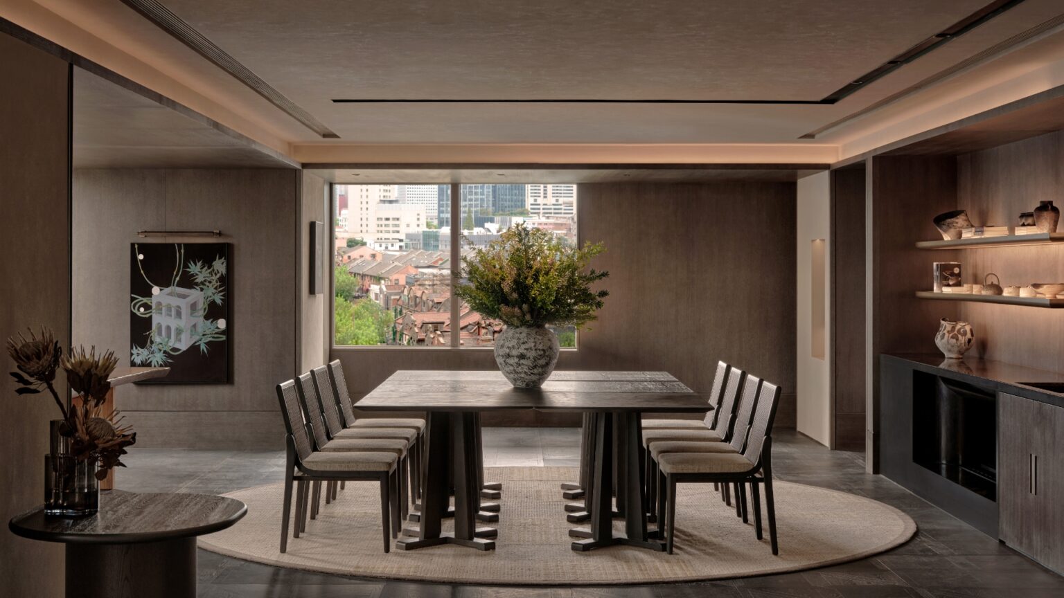 A room containing a large dining table