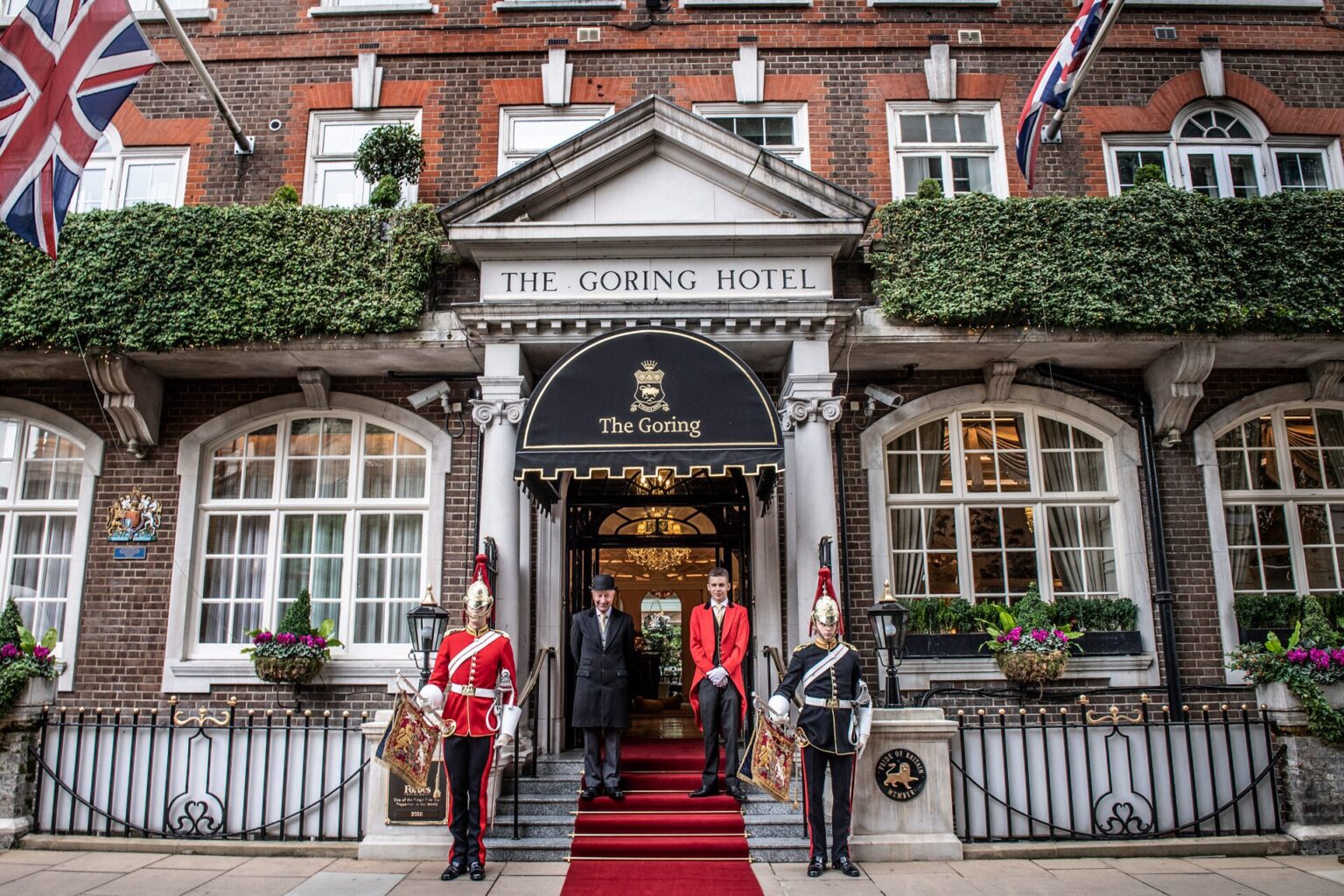 The Goring Hotel exterior with trumpeters