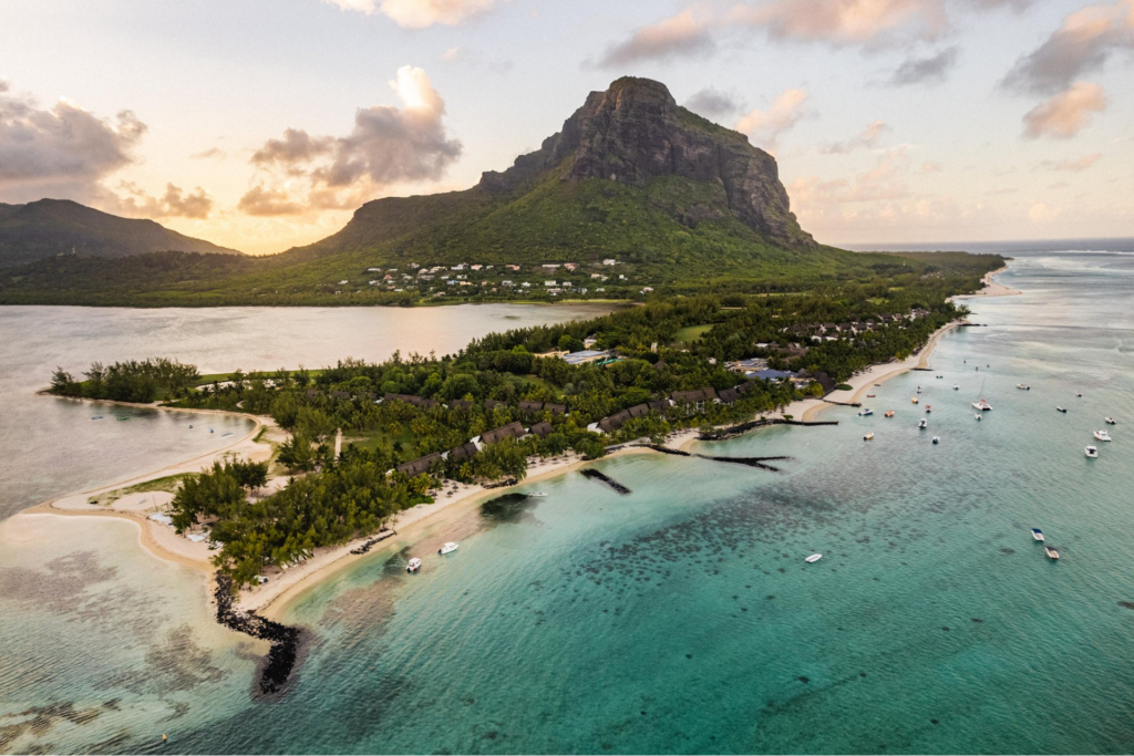 Aerial view of an island with a Beachcomber Resorts & Hotels property